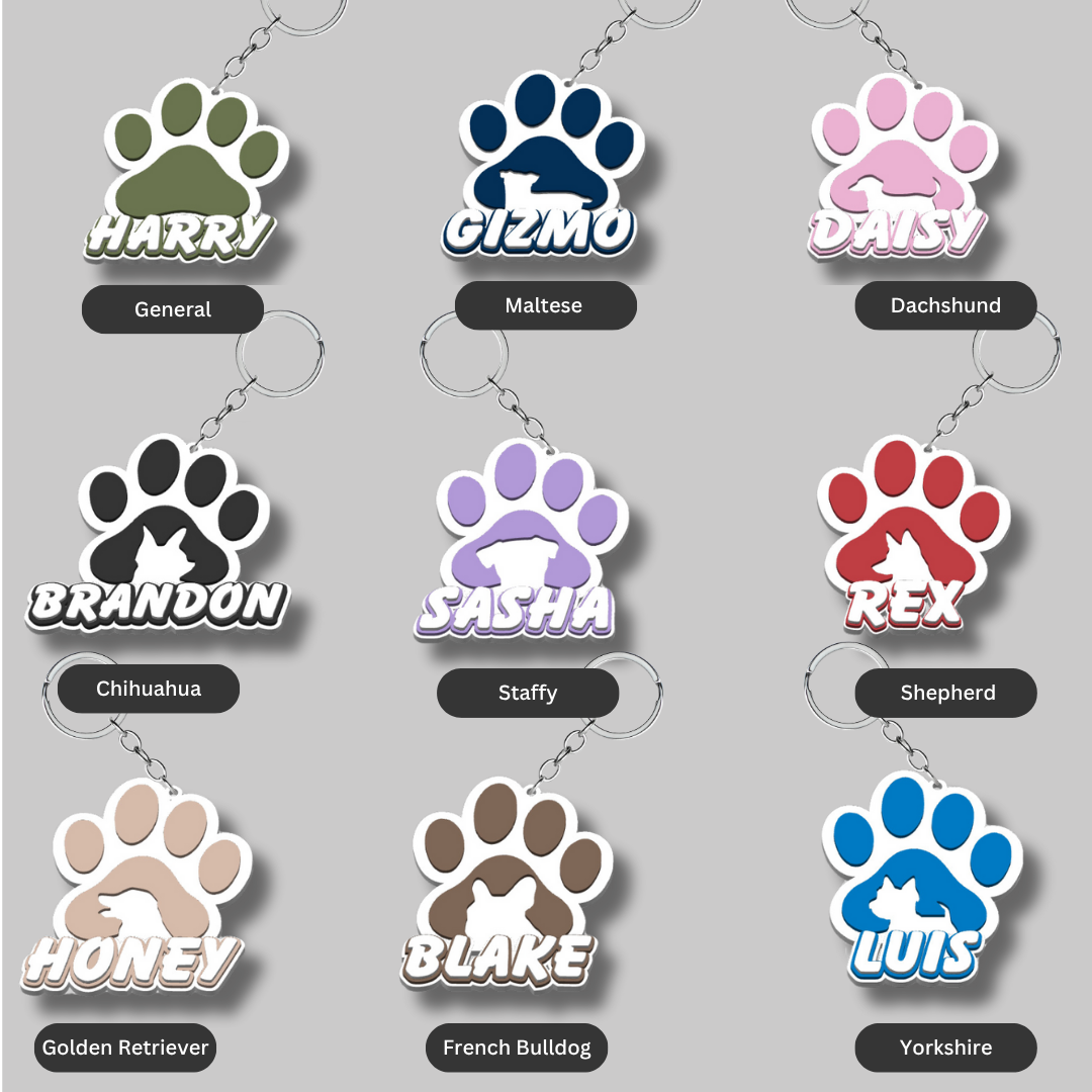 Set of paw-shaped keychains with names and breeds on a gray background