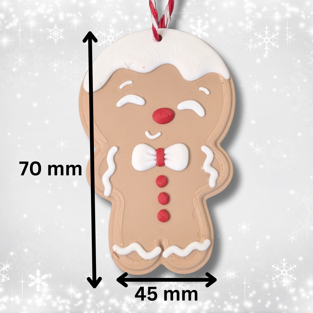 Classic Gingerbread Man Christmas ornament in brown with white icing and red buttons, showing dimensions