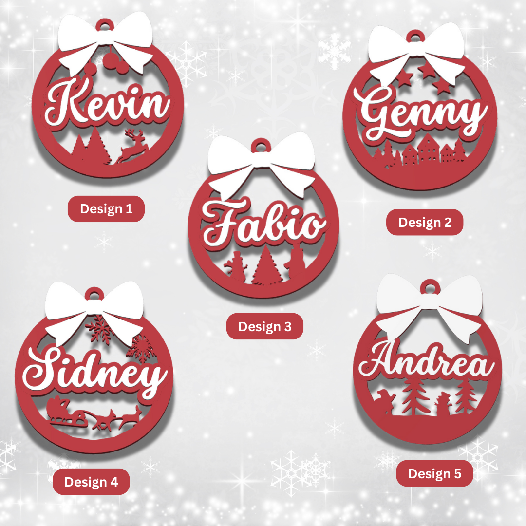 Set of five red Christmas ornaments with names 'Kevin', 'Genny', 'Fabio', 'Sidney', and 'Andrea' on a snowy background.