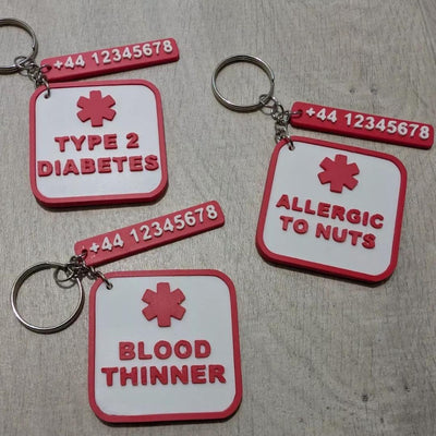 Medical Alert Emergency Warning ID Keyring Customisable with Emergency Contact