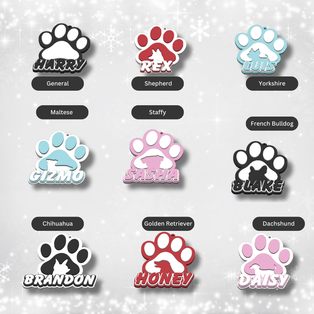 Group photo of nine personalised dog paw Christmas ornaments, showing breed styles like Shepherd, Dachshund, Staffy, and names Harry, Luis, Daisy.