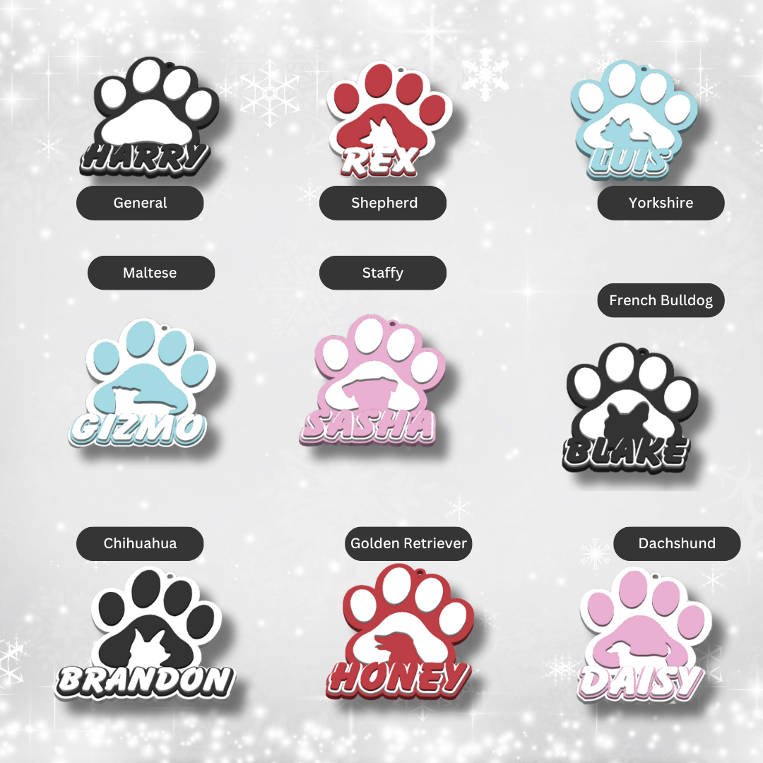Personalised Pet Paw Ornament – Custom Dog Breed and Name Tag with Paw and Silhouette