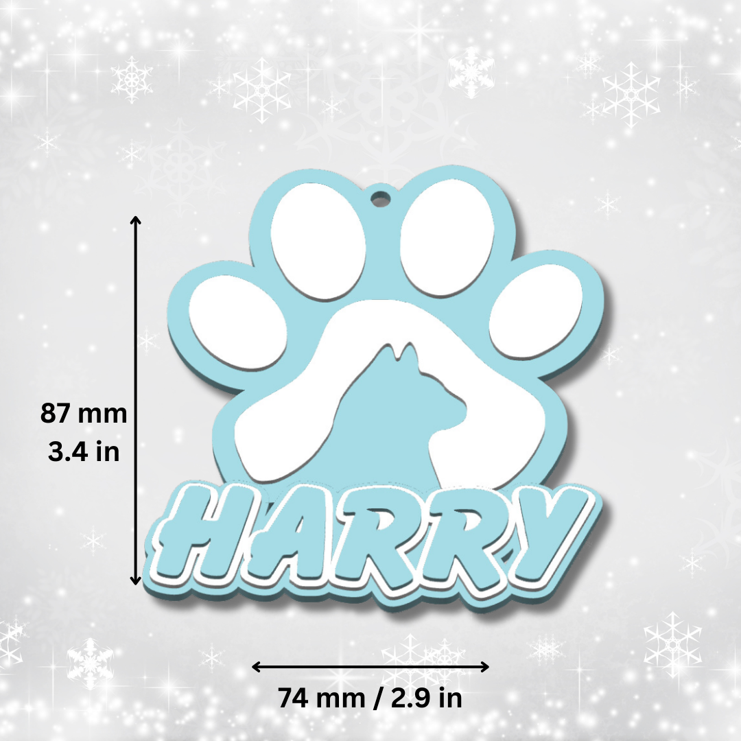 Personalised Cat Paw Ornament – Custom Cat Name Tag with Paw & Silhouette – Gift for Cat Lovers or Memorial Keepsake