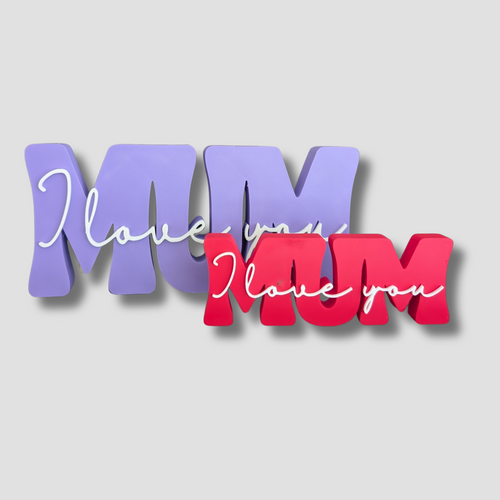 Comparison shot showing the Large Purple MUM plaque next to the Small Red MUM plaque, highlighting the two size options available.