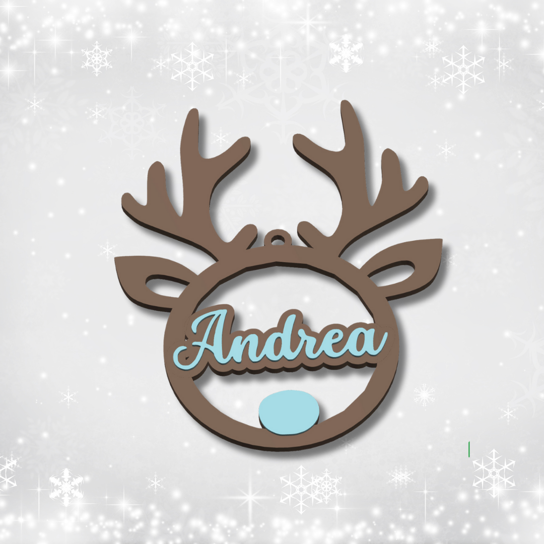 Decorative reindeer antler ornament with 'Andrea' on a light gray background with snowflake patterns