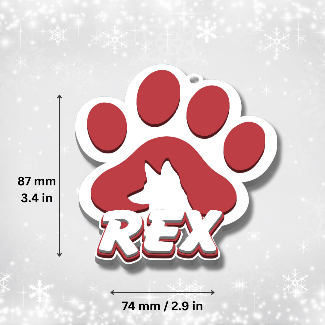 Personalised Pet Paw Ornament – Custom Dog Breed and Name Tag with Paw and Silhouette