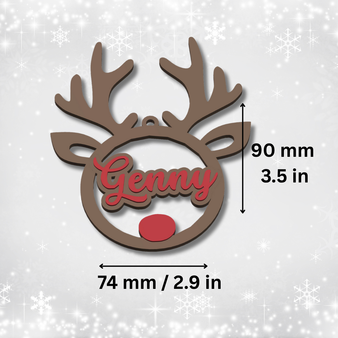 Decorative reindeer head with 'Genny' in the center, measurements indicated, on a light gray background.