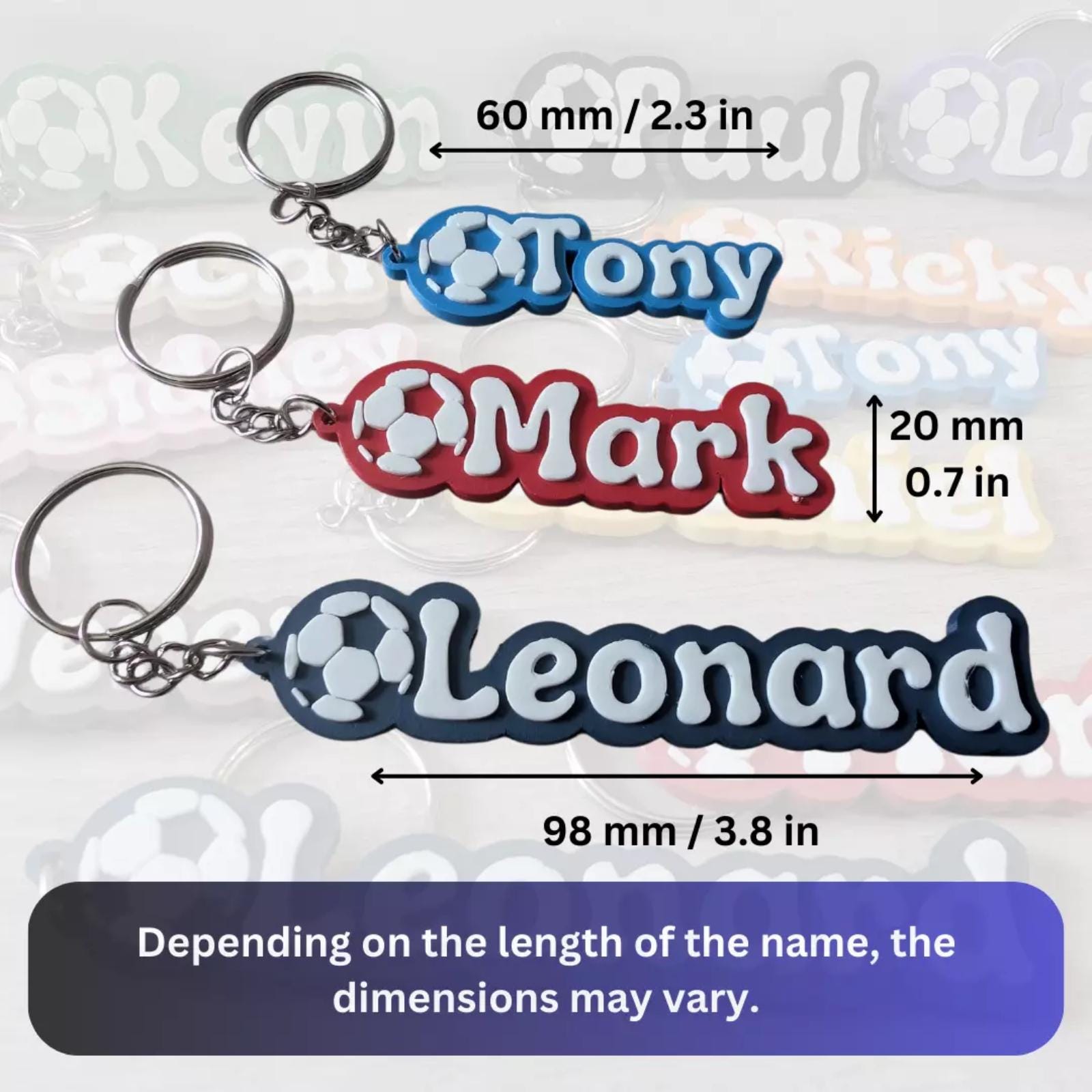 Personalised name and colour Keychains, Football Keyring, bag charms, school bag